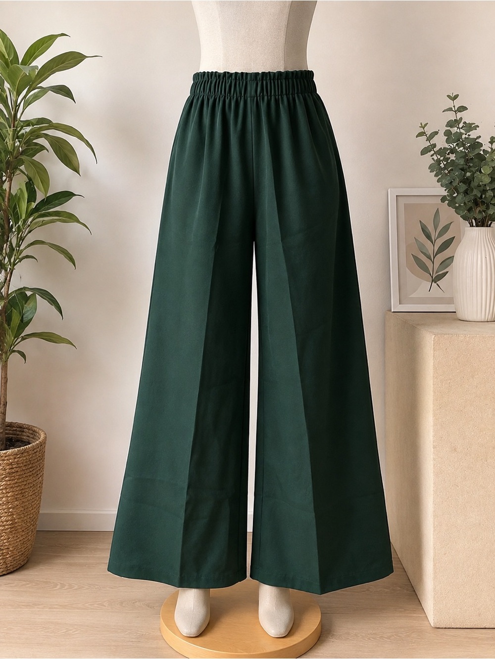 SHEIN Dark Green Wide-Leg Elastic Waist Pants